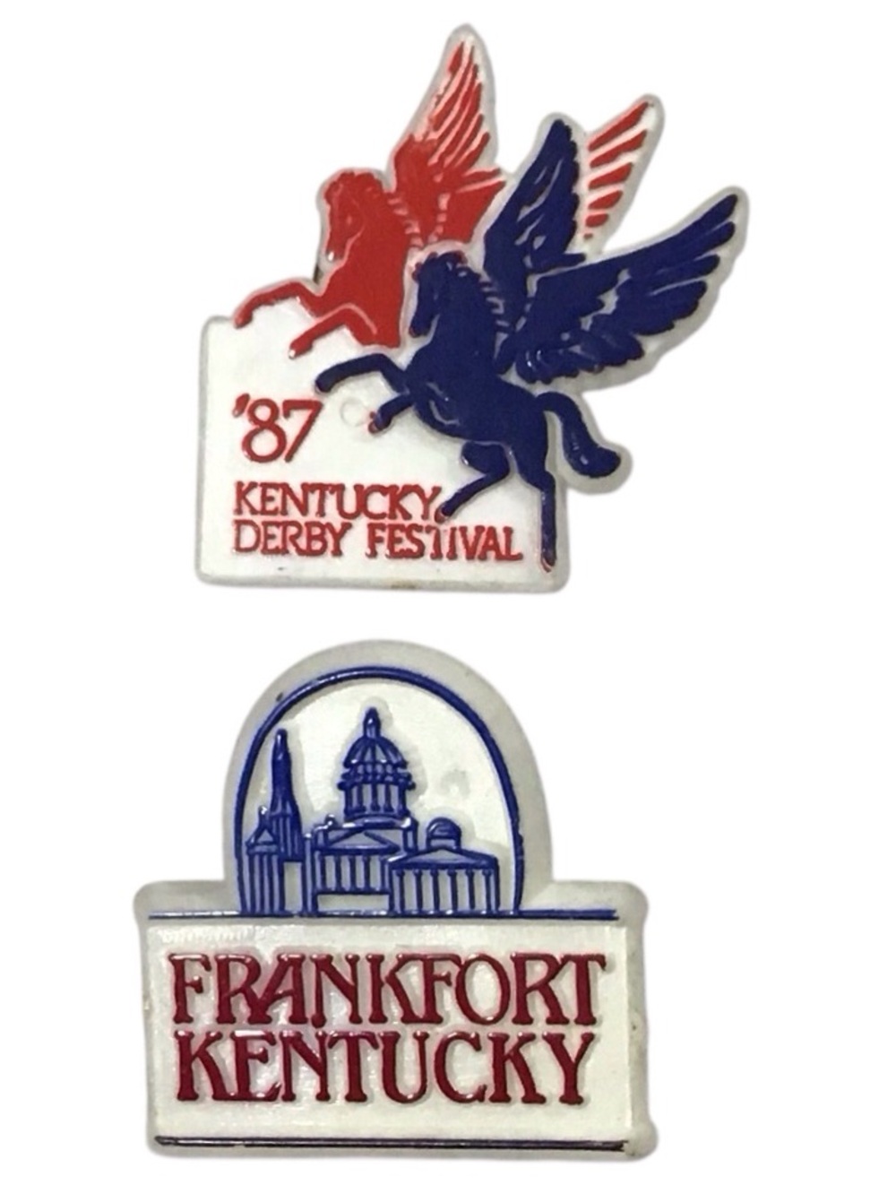 ‘ 87 Kentucky Derby Festival & Frankfort Ken Plastic Pins Red Blue White Vintage